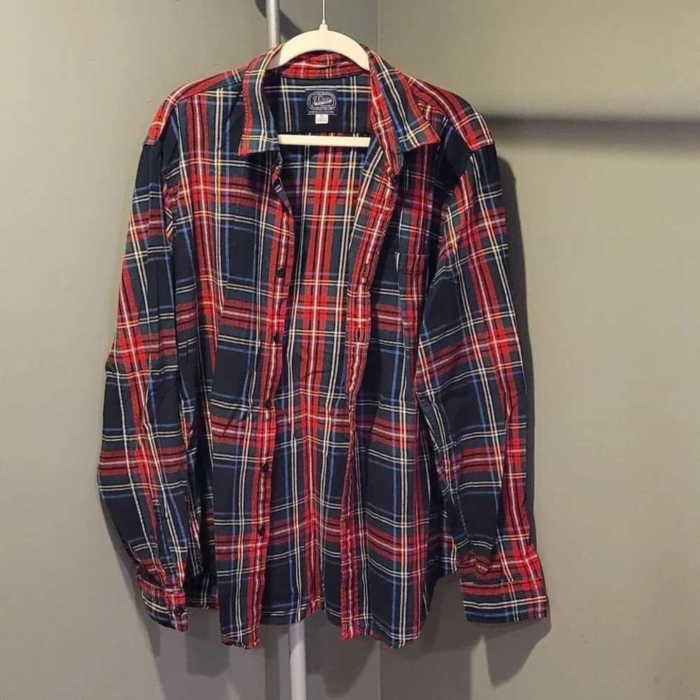 J.Crew Vintage Men's Flannel Plaid‎ Button-up Shirt, Size XL, Black Red Multi